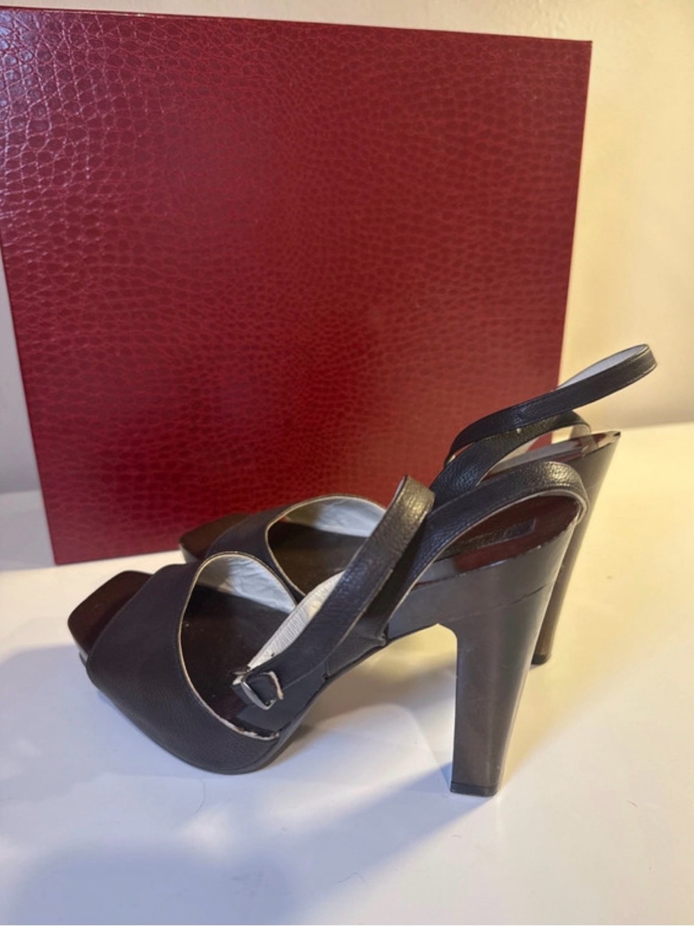 Jil Sander Black Leather and Wood Slingback High Heel Sandals